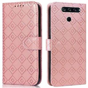 For LG K50 / Q60 Embossed Big Small Concentric Squares Pattern Horizontal Flip Leather Case with Card Slot & Holder & Wallet(Pink)