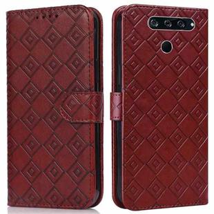 For LG K50 / Q60 Embossed Big Small Concentric Squares Pattern Horizontal Flip Leather Case with Card Slot & Holder & Wallet(Brown)