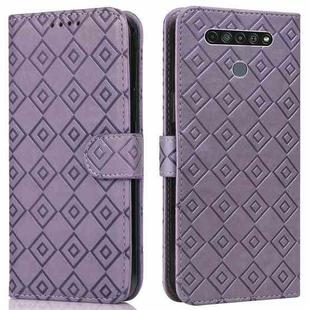 For LG K61 Embossed Big Small Concentric Squares Pattern Horizontal Flip Leather Case with Card Slot & Holder & Wallet(Purple)