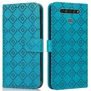 For LG K61 Embossed Big Small Concentric Squares Pattern Horizontal Flip Leather Case with Card Slot & Holder & Wallet(Blue)