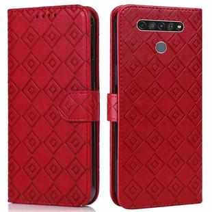 For LG K61 Embossed Big Small Concentric Squares Pattern Horizontal Flip Leather Case with Card Slot & Holder & Wallet(Red)