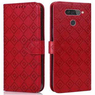 For LG Q70 Embossed Big Small Concentric Squares Pattern Horizontal Flip Leather Case with Card Slot & Holder & Wallet(Red)