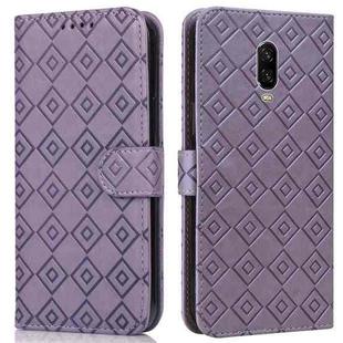 For OnePlus 6T Embossed Big Small Concentric Squares Pattern Horizontal Flip Leather Case with Card Slot & Holder & Wallet(Purple)