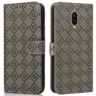 For OnePlus 6T Embossed Big Small Concentric Squares Pattern Horizontal Flip Leather Case with Card Slot & Holder & Wallet(Grey)