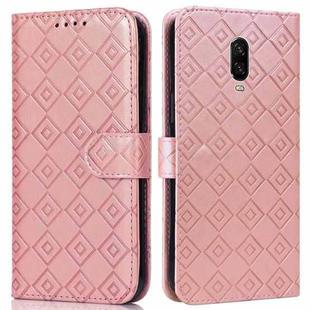 For OnePlus 6T Embossed Big Small Concentric Squares Pattern Horizontal Flip Leather Case with Card Slot & Holder & Wallet(Pink)