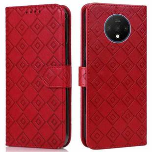 For OnePlus 7T Embossed Big Small Concentric Squares Pattern Horizontal Flip Leather Case with Card Slot & Holder & Wallet(Red)