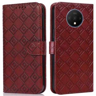 For OnePlus 7T Embossed Big Small Concentric Squares Pattern Horizontal Flip Leather Case with Card Slot & Holder & Wallet(Brown)