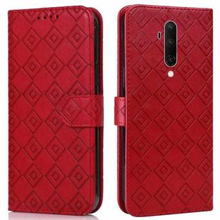 For OnePlus 7T Pro /  7 Pro Embossed Big Small Concentric Squares Pattern Horizontal Flip Leather Case with Card Slot & Holder & Wallet(Red)