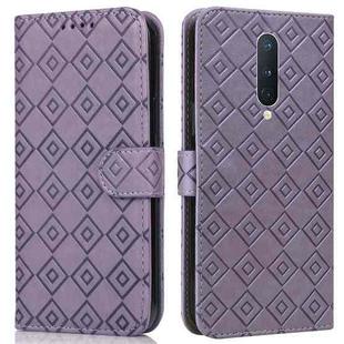 For OnePlus 8 Pro Embossed Big Small Concentric Squares Pattern Horizontal Flip Leather Case with Card Slot & Holder & Wallet(Purple)