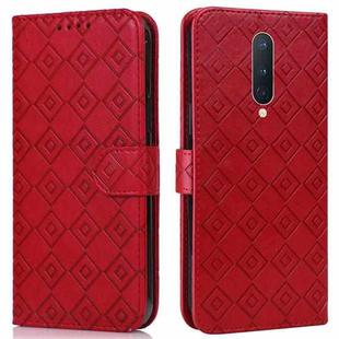 For OnePlus 8 Pro Embossed Big Small Concentric Squares Pattern Horizontal Flip Leather Case with Card Slot & Holder & Wallet(Red)