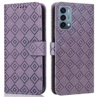 For OnePlus Nord N200 5G Embossed Big Small Concentric Squares Pattern Horizontal Flip Leather Case with Card Slot & Holder & Wallet(Purple)