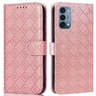 For OnePlus Nord N200 5G Embossed Big Small Concentric Squares Pattern Horizontal Flip Leather Case with Card Slot & Holder & Wallet(Pink)