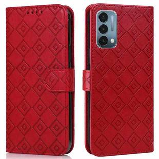 For OnePlus Nord N200 5G Embossed Big Small Concentric Squares Pattern Horizontal Flip Leather Case with Card Slot & Holder & Wallet(Red)