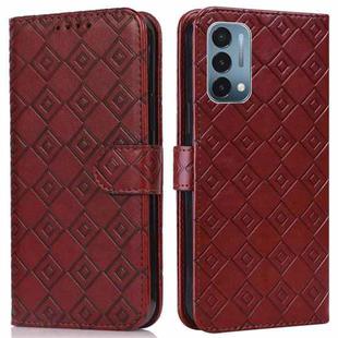 For OnePlus Nord N200 5G Embossed Big Small Concentric Squares Pattern Horizontal Flip Leather Case with Card Slot & Holder & Wallet(Brown)