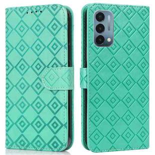 For OnePlus Nord N200 5G Embossed Big Small Concentric Squares Pattern Horizontal Flip Leather Case with Card Slot & Holder & Wallet(Green)