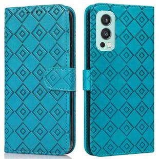 For OnePlus Nord 2 5G Embossed Big Small Concentric Squares Pattern Horizontal Flip Leather Case with Card Slot & Holder & Wallet(Blue)