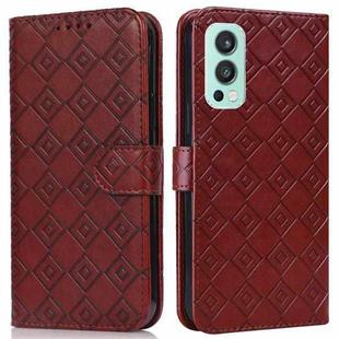For OnePlus Nord 2 5G Embossed Big Small Concentric Squares Pattern Horizontal Flip Leather Case with Card Slot & Holder & Wallet(Brown)