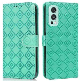 For OnePlus Nord 2 5G Embossed Big Small Concentric Squares Pattern Horizontal Flip Leather Case with Card Slot & Holder & Wallet(Green)