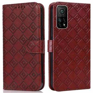 For Xiaomi Mi 10T / 10T Pro/Redmi K30S Embossed Big Small Concentric Squares Pattern Horizontal Flip Leather Case with Card Slot & Holder & Wallet(Brown)