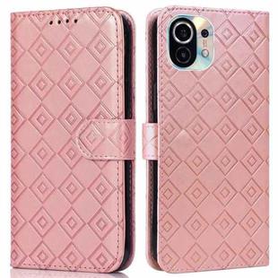 For Xiaomi Mi 11 Embossed Big Small Concentric Squares Pattern Horizontal Flip Leather Case with Card Slot & Holder & Wallet(Pink)