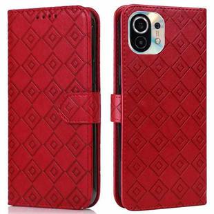 For Xiaomi Mi 11 Embossed Big Small Concentric Squares Pattern Horizontal Flip Leather Case with Card Slot & Holder & Wallet(Red)