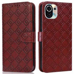 For Xiaomi Mi 11 Embossed Big Small Concentric Squares Pattern Horizontal Flip Leather Case with Card Slot & Holder & Wallet(Brown)