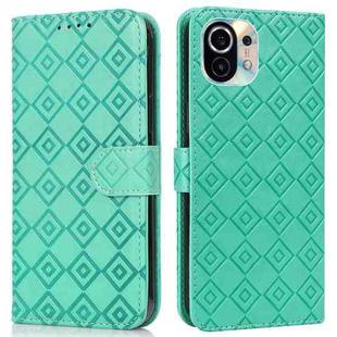 For Xiaomi Mi 11 Embossed Big Small Concentric Squares Pattern Horizontal Flip Leather Case with Card Slot & Holder & Wallet(Green)