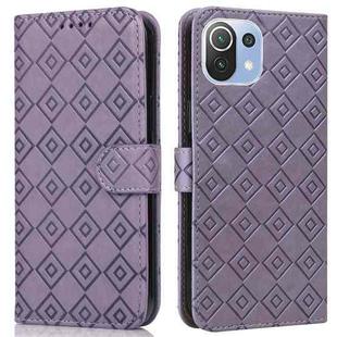 For Xiaomi Mi 11 Lite Embossed Big Small Concentric Squares Pattern Horizontal Flip Leather Case with Card Slot & Holder & Wallet(Purple)