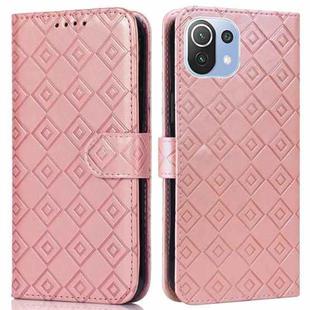 For Xiaomi Mi 11 Lite Embossed Big Small Concentric Squares Pattern Horizontal Flip Leather Case with Card Slot & Holder & Wallet(Pink)