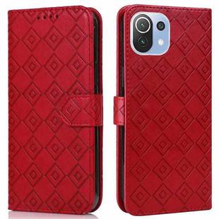 For Xiaomi Mi 11 Lite Embossed Big Small Concentric Squares Pattern Horizontal Flip Leather Case with Card Slot & Holder & Wallet(Red)