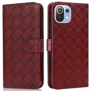 For Xiaomi Mi 11 Lite Embossed Big Small Concentric Squares Pattern Horizontal Flip Leather Case with Card Slot & Holder & Wallet(Brown)