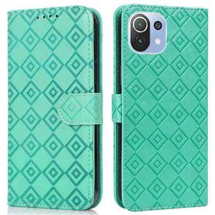 For Xiaomi Mi 11 Lite Embossed Big Small Concentric Squares Pattern Horizontal Flip Leather Case with Card Slot & Holder & Wallet(Green)
