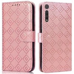 For Motorola Moto G8 Play / One Macro Embossed Big Small Concentric Squares Pattern Horizontal Flip Leather Case with Card Slot & Holder & Wallet(Pink)