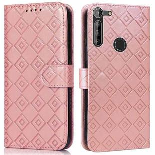 For Motorola Moto G8 Power Lite Embossed Big Small Concentric Squares Pattern Horizontal Flip Leather Case with Card Slot & Holder & Wallet(Pink)