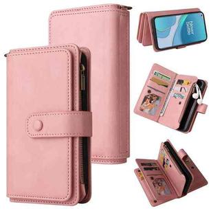 For OnePlus 9 Skin Feel PU + TPU Horizontal Flip Leather Case With Holder & 15 Cards Slot & Wallet & Zipper Pocket & Lanyard(Pink)