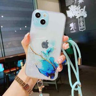 For iPhone 13 mini Hollow Marble Pattern TPU Precise Hole Protective Case with Neck Strap Rope (Blue)
