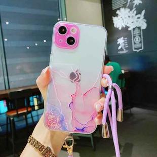 For iPhone 13 Hollow Marble Pattern TPU Precise Hole Protective Case with Neck Strap Rope(Pink)