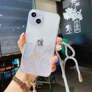 For iPhone 13 Hollow Marble Pattern TPU Precise Hole Protective Case with Neck Strap Rope(Grey)