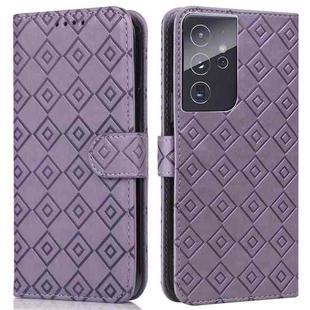 For Samsung Galaxy S21 Ultra 5G Embossed Big Small Concentric Squares Pattern Horizontal Flip Leather Case with Card Slot & Holder & Wallet(Purple)
