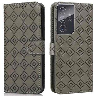 For Samsung Galaxy S21 Ultra 5G Embossed Big Small Concentric Squares Pattern Horizontal Flip Leather Case with Card Slot & Holder & Wallet(Grey)