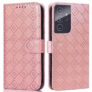 For Samsung Galaxy S21 Ultra 5G Embossed Big Small Concentric Squares Pattern Horizontal Flip Leather Case with Card Slot & Holder & Wallet(Pink)