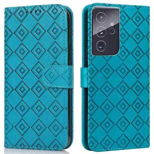 For Samsung Galaxy S21 Ultra 5G Embossed Big Small Concentric Squares Pattern Horizontal Flip Leather Case with Card Slot & Holder & Wallet(Blue)