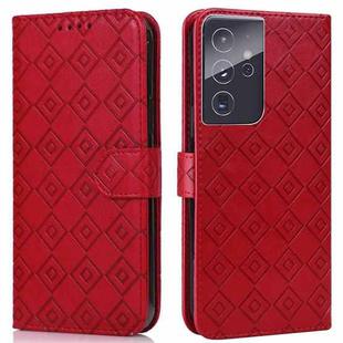 For Samsung Galaxy S21 Ultra 5G Embossed Big Small Concentric Squares Pattern Horizontal Flip Leather Case with Card Slot & Holder & Wallet(Red)