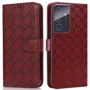 For Samsung Galaxy S21 Ultra 5G Embossed Big Small Concentric Squares Pattern Horizontal Flip Leather Case with Card Slot & Holder & Wallet(Brown)
