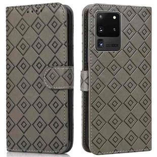 For Samsung Galaxy S20 Ultra Embossed Big Small Concentric Squares Pattern Horizontal Flip Leather Case with Card Slot & Holder & Wallet(Grey)