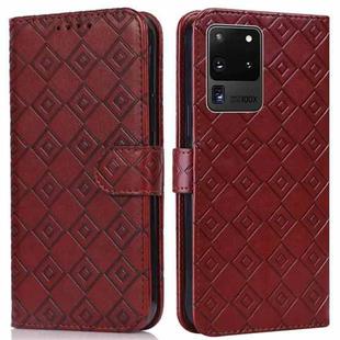 For Samsung Galaxy S20 Ultra Embossed Big Small Concentric Squares Pattern Horizontal Flip Leather Case with Card Slot & Holder & Wallet(Brown)