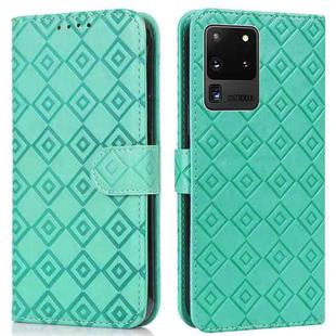 For Samsung Galaxy S20 Ultra Embossed Big Small Concentric Squares Pattern Horizontal Flip Leather Case with Card Slot & Holder & Wallet(Green)
