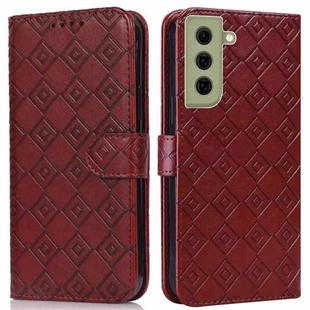 For Samsung Galaxy S21 FE 5G Embossed Big Small Concentric Squares Pattern Horizontal Flip Leather Case with Card Slot & Holder & Wallet(Brown)