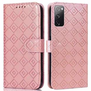 For Samsung Galaxy S20 FE Embossed Big Small Concentric Squares Pattern Horizontal Flip Leather Case with Card Slot & Holder & Wallet(Pink)