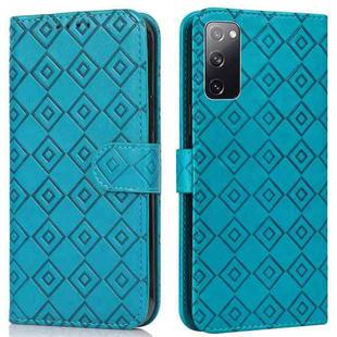 For Samsung Galaxy S20 FE Embossed Big Small Concentric Squares Pattern Horizontal Flip Leather Case with Card Slot & Holder & Wallet(Blue)
